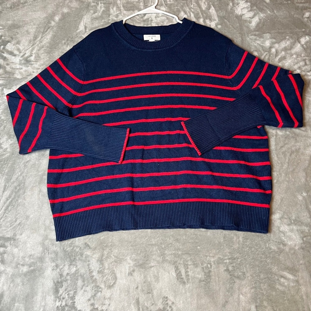 LA LIGNE Navy Red Striped Crew Neck Sweater Plus Size 3X Cozy Knit
